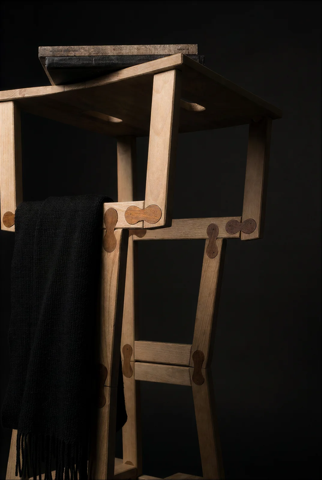 FICKA — détail des assemblages en bois sur fond sombre