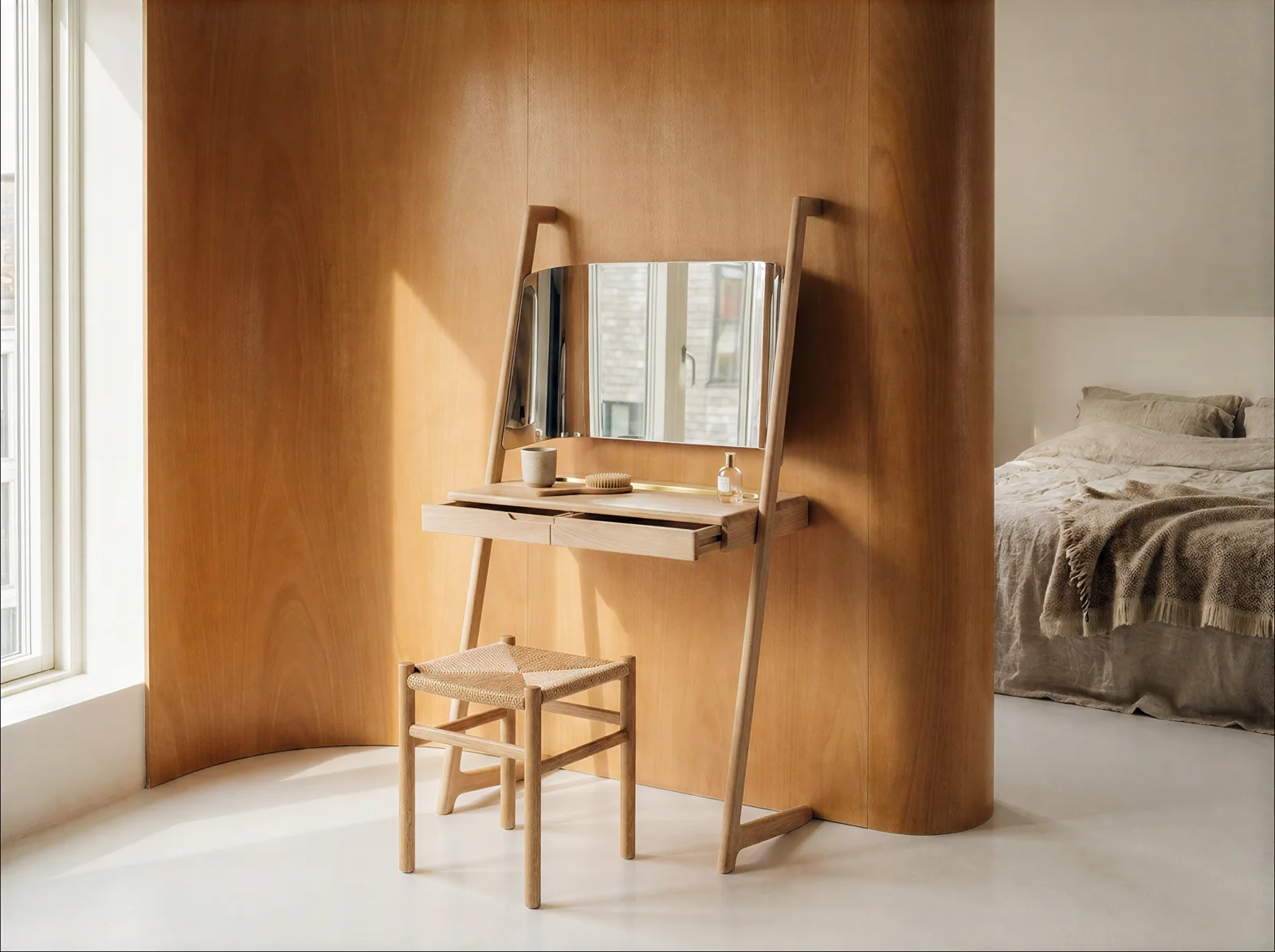 KANO — coiffeuse en bois avec miroir, en situation dans une chambre