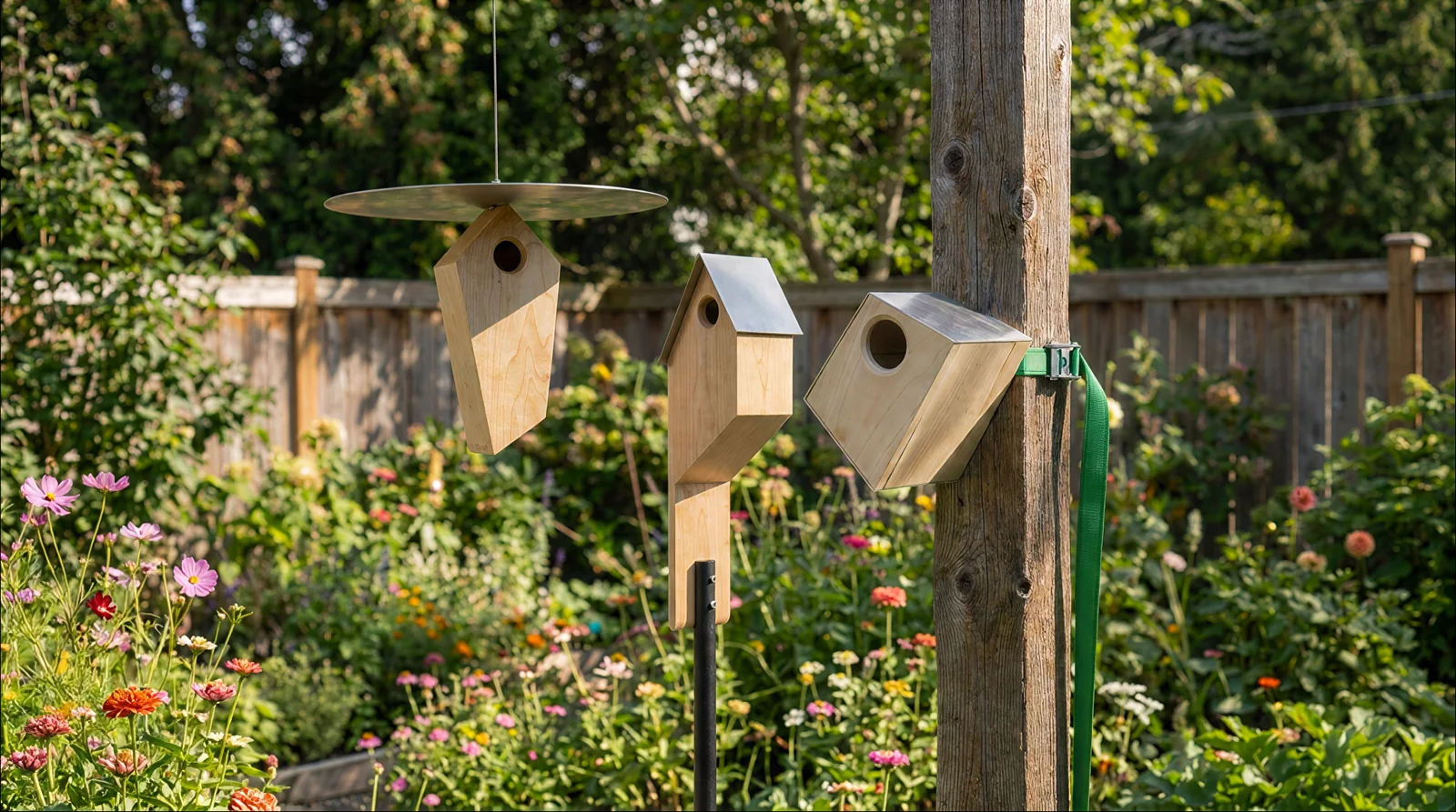 MOOKA — trois nichoirs en bois et métal installés dans un jardin
